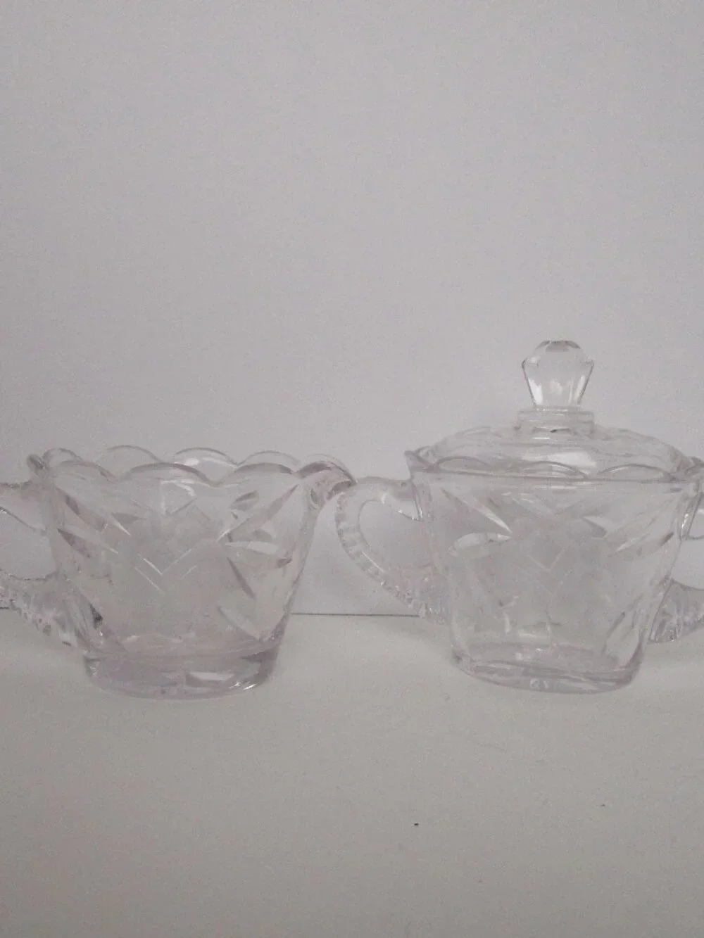 depression glass sugar bowl with lid and creamer